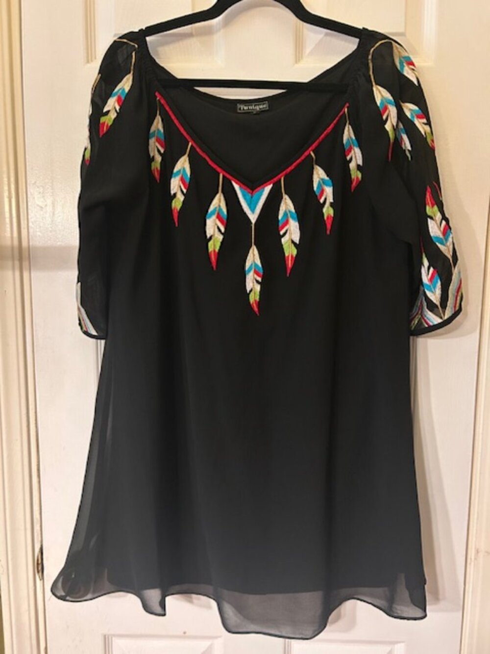 Vintage Tunique Black Dress with Colorful Embroidered Feathers and Black Lining